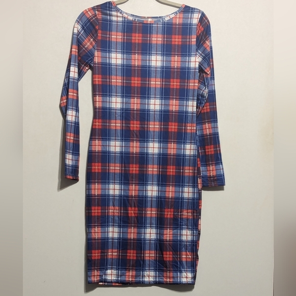 Blue Red White Plaid Long Sleeve Sheath Midi Dress - size Small - Picture 2 of 6